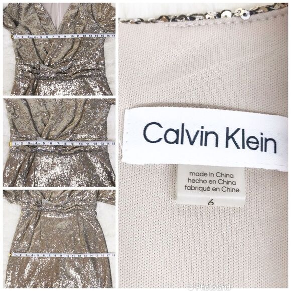 CALVIN KLEIN Gold Sequin Cocktail Dress Knee Length Faux Wrap Party Size 4 6 New - Picture 10 of 10